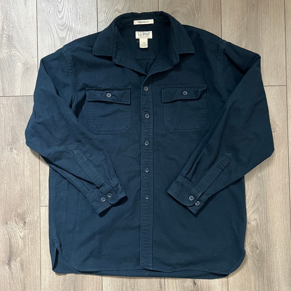Vintage LL Bean Mens Chamois Cloth Shirt Navy Blue Cotton Trad Fit Large L
